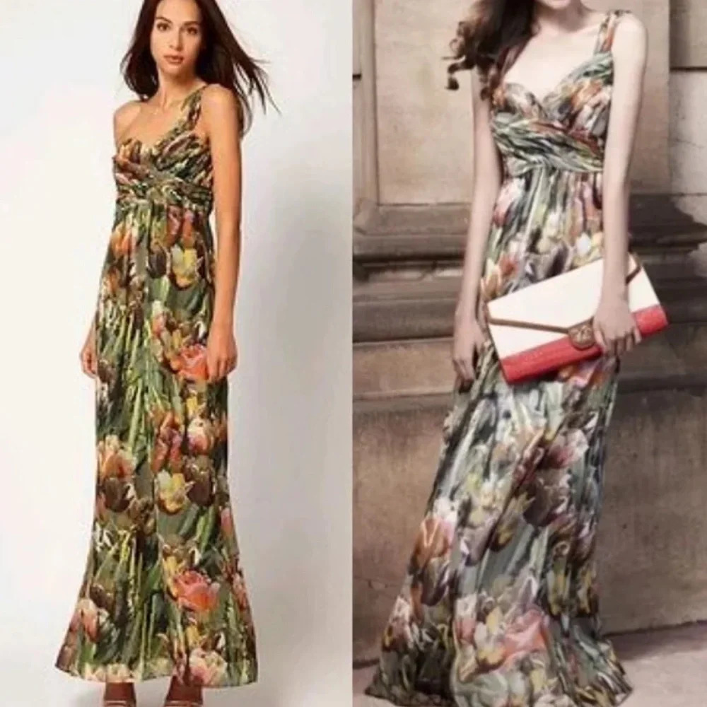 PRICE DROP! Ted Baker Maxi Dress One Shoulder Green Floral - Picture 2 of 12